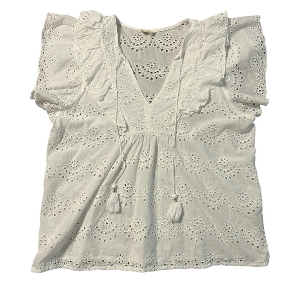 Nicole Miller Artelier White Eyelet TopCotton Eyelet  Flutter Short Sleeve Top L - Picture 1 of 10